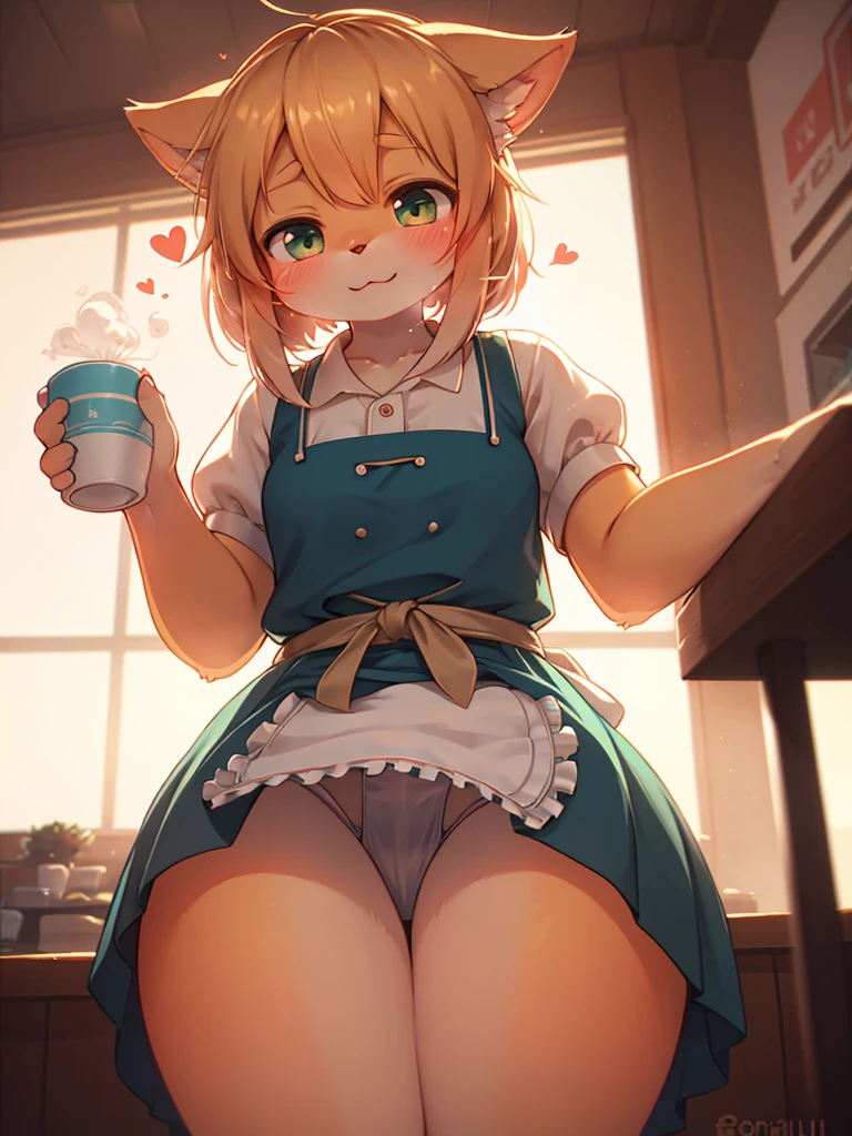 (Sumilux f1.4 50mm , low Latitude old color negative film , cross process , bokeh, flare, chromatic aberration , soft focus, (Shallow focus) , soft glow , Maximum aperture, low Key , Transparent depiction) , hentai anime style , coquettish , Cafe clerk girl , blouse, apron, skirt , heart is beating fast with anticipation , seduce move , steamy perineum , Thick pee , Pour pee