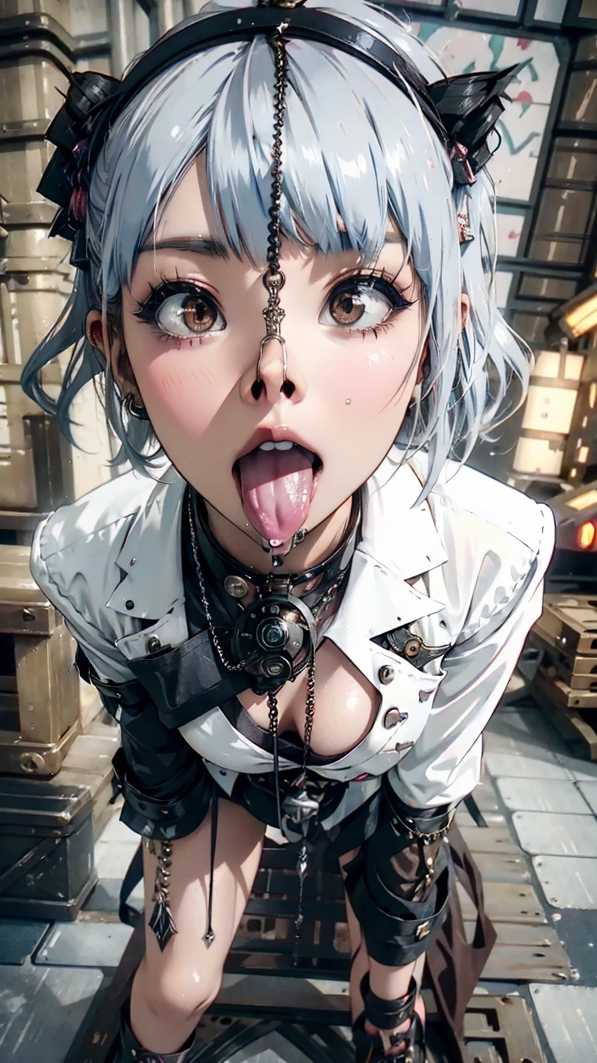 masterpiece, Highest quality, (Face close-up, Sticking out a long tongue, Ahegao:1.3), beautiful girl, happiness, smile, Beautiful and detailed, Narrow eyes, Dark Eyes, amount, Thin eyebrows, Eyelash extensions, (Silver Hair, Wavy bristles, Short Hair:1.3), Gal Makeup, (Nose hook:1.3), (Punk rock outfit:1.3), (Squatting and spreading legs, Standing on tiptoes:1.3), (Steampunk background:1.3), (Drooling:1.3)