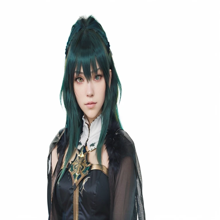 a closeup of a woman with green hair and blue eyes , I was the point, portrait, Knights of the Zodiac, , Ayaka Genshin Impact, JRPG Character, female protagonist 👀 :8, She has black hair with bangs, fire emblem lucina, black hime cropped fur, negro, black fur wizard, Mai Yoneyama