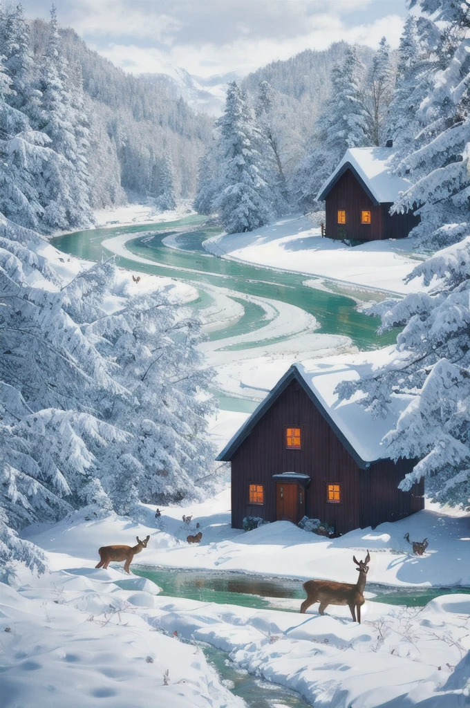 Nordic countries、Snow Scene、River flowing through the forest、Cottage on the shore、Two wild deer and their baby strolling、, Surrealism, Verism, f/4.0, Nikon, UHD, award winning, best quality, highres