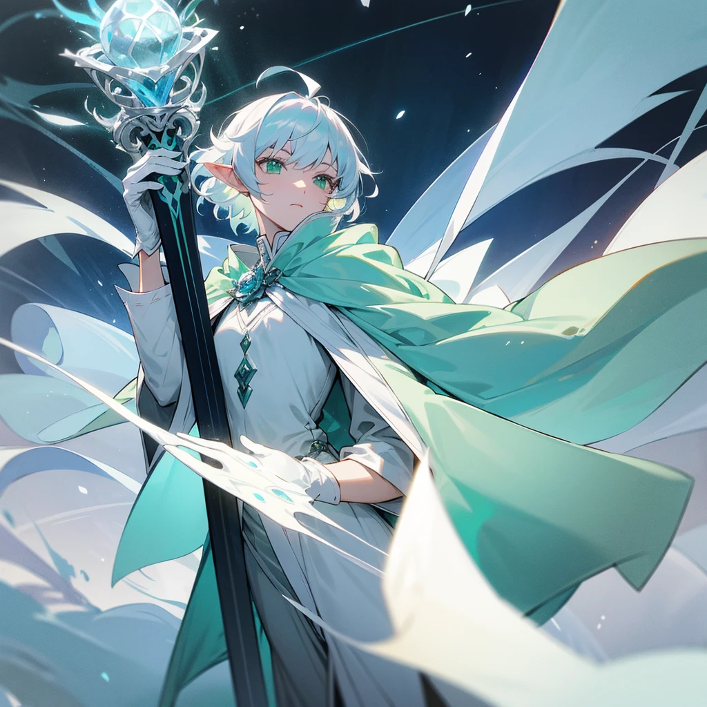 Elf, silver hair,short hair, medium cut, ahoge, curly hair,green eyes,slender, fair skin, robe, cloak,White gloves, blue effect, ice effect, triumphantly,Ice Rose ,magic,green rose,Noble son