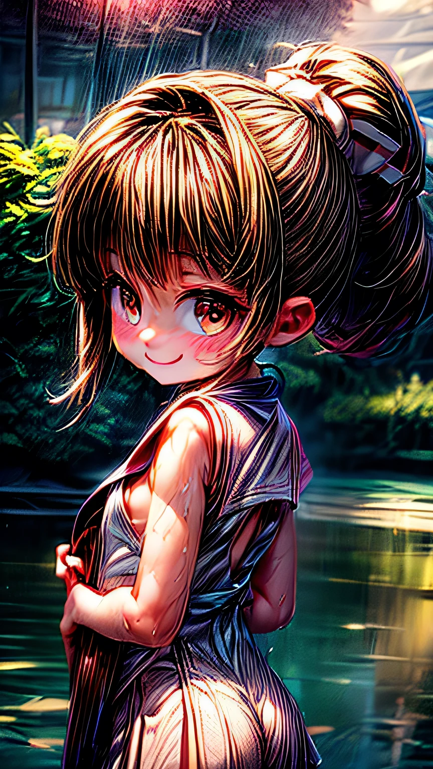 (((View from behind)))、View from behind、One girl, high school girl、(((リボン付きSailor suit))), Summer clothes、Wet and transparent、((Navy pleated ocks、loafers、ponytail、school bag)、My belly is visible through my clothes、cute, wonderful, Beautiful attention to detail, Iris, Black Hair, In detail, Depth of written boundary, Highly detailed CG, original, Highly detailed wallpaper, View your viewers, Detailed face, Cleavage, (Big Tits, Hard nipples)、Toned Abs, White skin, Realistic、(Cinema Lighting)、Detail emphasis, Beautiful lighting、(((Sailor suit))), Summer clothes、Wet and transparent, ((In the park after the rain))、Summer sunset、Realistic park、masterpiece, 最high quality, high quality, High resolution、 ((smile)), smileで、((Upper body portrait))),