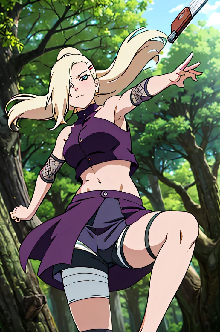(Position yourself for the audience.), Ino Yamanaka, looking at the audience, charming, Groin, cowboy shoot, Extraordinarily detailed face,In the forest, sunny day, Daytime, upper body view, anime style, alone, House details, Blonde, ((One eye is covered with fur., Hair over the eyes)), Medium bust, Belly button, looking at the audience, (off shoulder, Broad shoulders, curved body), hidden eyes, smile, open mouth, very happy, high, Hair clips, Looks sharp, Sharp face, Sharp eyes, cool colors,Knees up,Beautiful legs,Leg kick,Fighting posture, jump,((The dress is torn.,Show off your shorts., blushing))