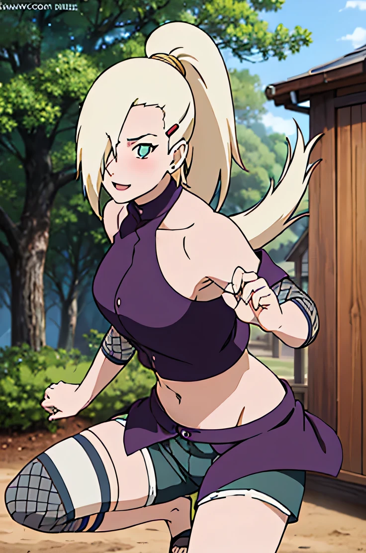 Yamanaka Ino, hair on one eye, ponytail, Hair clips, purple crop top, voluptuous, skirt, fishnet, earring, Diaphragm, show กางเกงใน, condescending, alone, 1 girl, Facing the front, Masterpiece, perfect face, jump, Raise your legs high., touch,straight legs, touch high legs, Voluptuous eyes, open skirt, Torn a leg ,In the forest, On the tree, straight legs, Legs are straight., sexually aroused