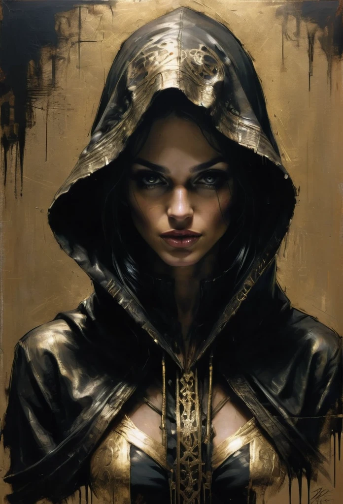 Femme fatale in a dark intricately detailed hood, fligree,Chiaroscuro shadow techs, light of games in the backgrounds, artistic works by Guy Denning,24K