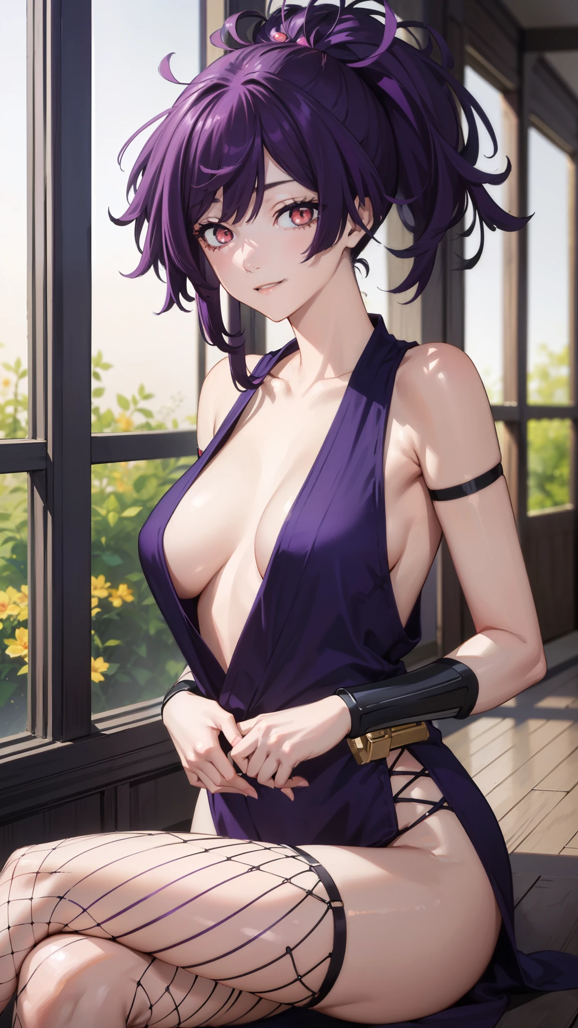 yuzuriha_(jigokuraku), (1girl, purple hair, brown eyes, ninja, glowing, small breasts, glowing eyes, happy) (digital) (crossed legs indian style in detailed hallway, (Fishnets)) , best quality,