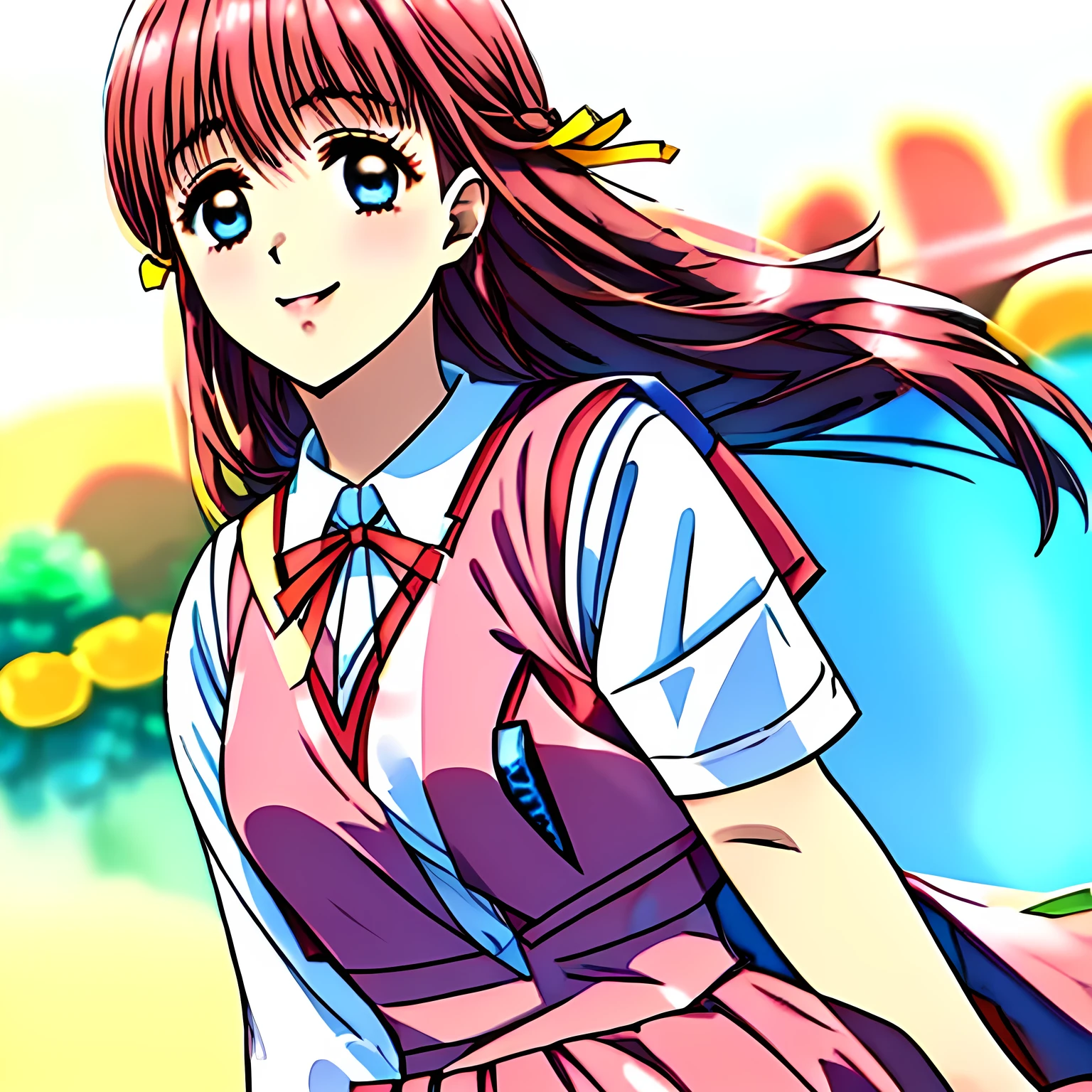 (highest quality, masterpiece:1.2), highest quality, High resolution, 1080P, 8k, (Very beautiful high-resolution anime CG drawn with very thin sharp lines: 1.5), (Sole Beautiful 15yo girl anime heroine, A very neat, very noble, pretty, pure girl is laughing and looking up cutely: 1.4), (beautiful smiling blue eyes with detailed: 1.5), (sharp thin lines: 1.5), (Glossy lips: 1.2), Evenly cut curled bangs, (Very beautiful and very super-long flowing pink long straight hair: 1.4), (Noble red gorgeous school vest uniform, red gorgeous pleated noble skirt, light-pink neat blouse: 1.8), (Yellow cute school ribbon on her chest), (Yellow hair ribbon clip: 1.0), (Giggling: 1.0), (Mouth is laughing and wide open as a game heroine: 1.0), (A beautiful body like a model), (long cute eyelashes: 1.4), (Tilting her head shyly: 1.2), (Too beautiful women, 1.6), (She is calling me with strong religious temptation: 1.2), (We are looking her facial profile from the side: 1.5), (Strong wind flows her long beautiful hair: 1.2), (Nothing but plain white background: 1.6)