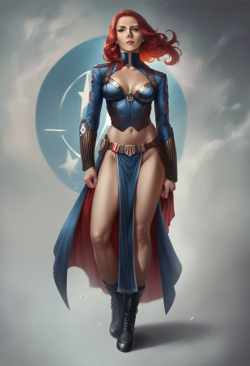 (masterpiece), (best quality), (photorealistic:1.3), 8k, detailed skin texture, detailed cloth texture, beautiful detailed face, intricate details, ultra detailed, scarlett johansson, Black Widow in the style of the Captain America, straight red hair, (full-length body:1.2)
