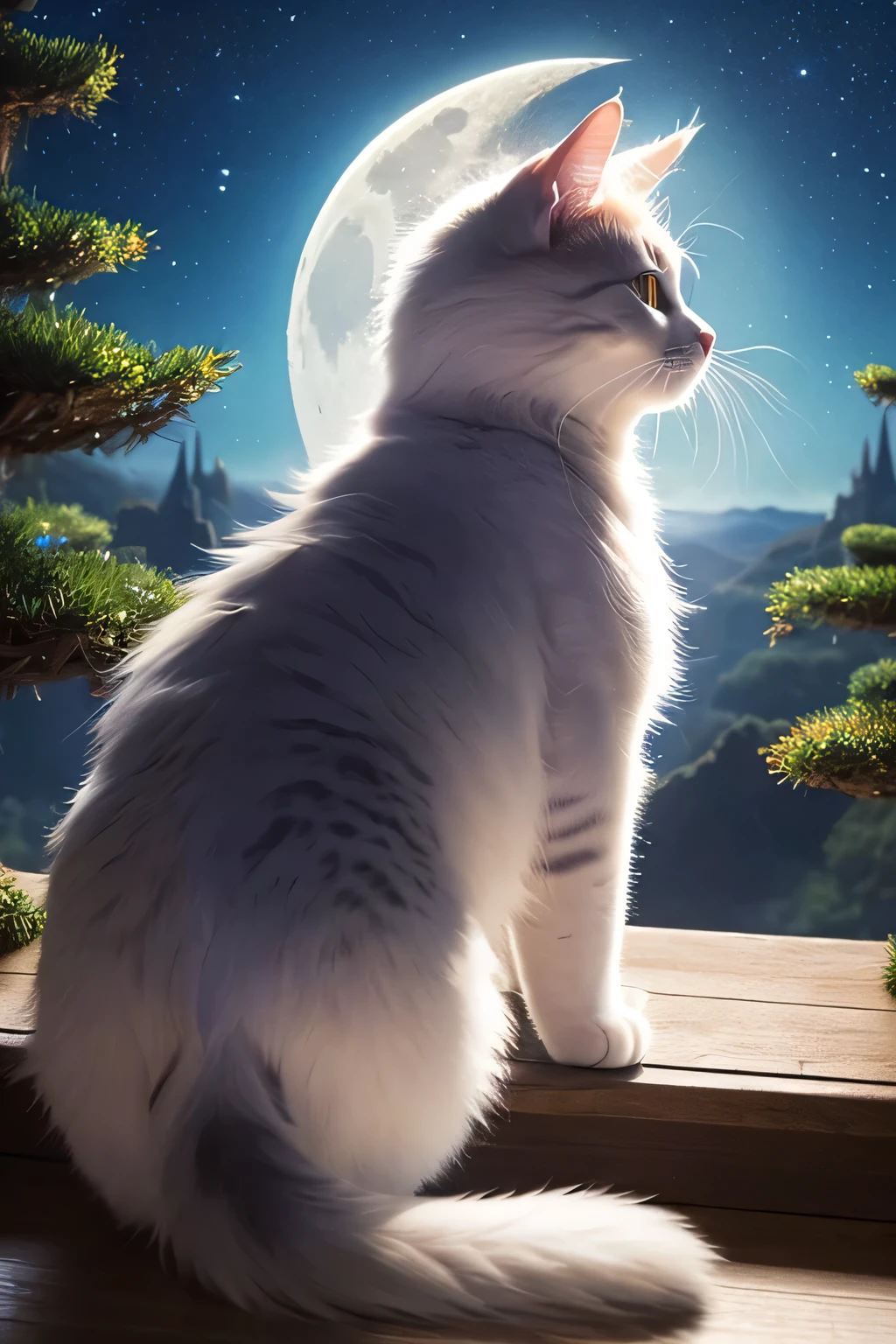 (((masterpiece))),(((Highest quality))),((Very detailed)),Rear View, View the Moon, Night Sky, full moon, "big、A fluffy cat fairy with sparkling eyes and small, delicate wings。The cat's fur is pastel pink and blue、A soft magical glow emanates from its body.。Sitting gracefully on a mushroom、Spreading its wings a little。The scene is in a magical forest at dusk.、wood々A soft light shines through。The cat's fur is illuminated by gentle ambient light.、It exudes a mysterious atmosphere。Sparkling fairy lights and ethereal mist can be seen in the background.。The angle is from a little lower、It offers a majestic yet endearing perspective.。The overall color palette is pastel.、Combining warm and cool colors、It creates a dreamy and enchanting atmosphere.。"