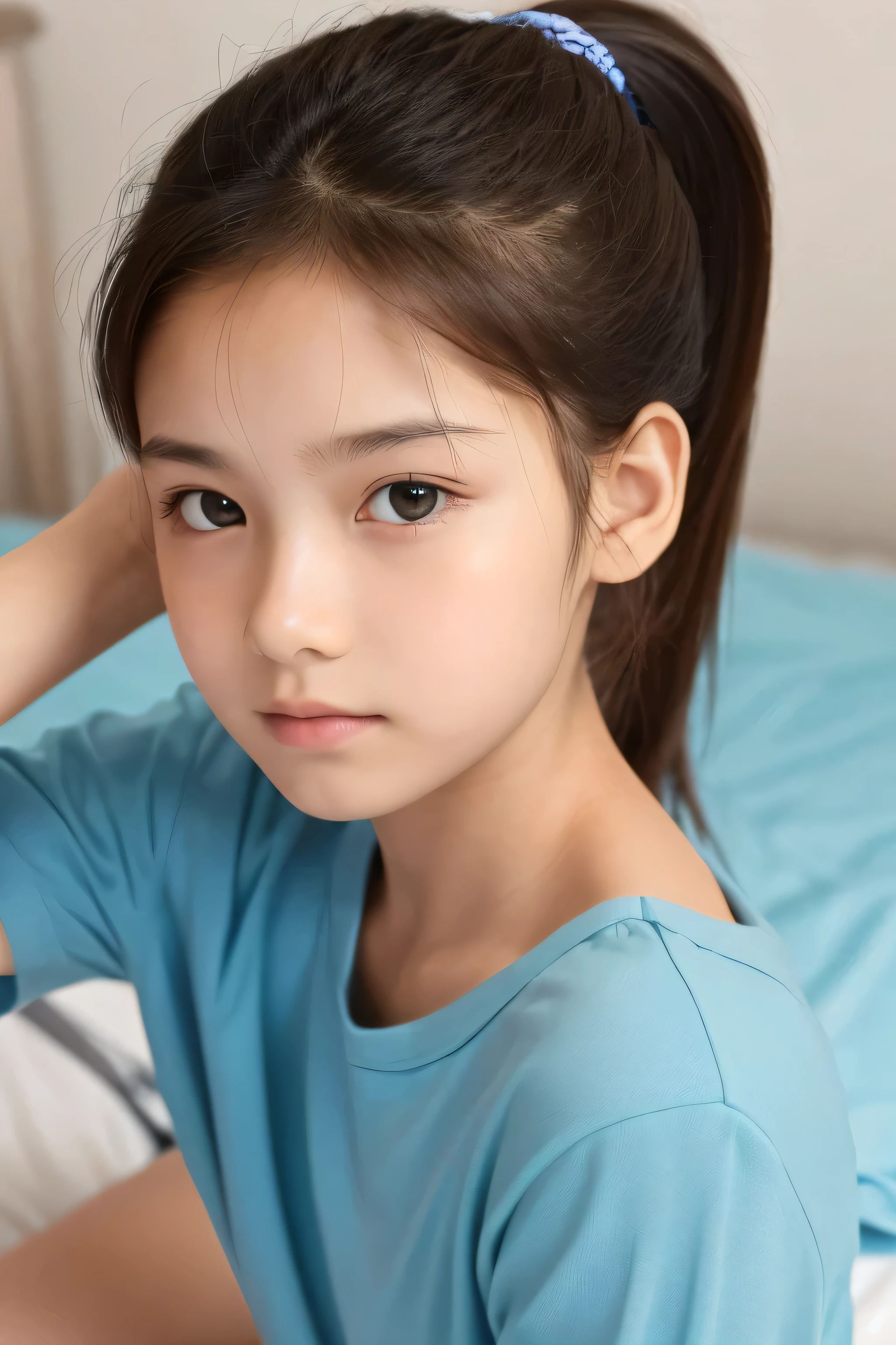 ((Highest quality)), ((Photo quality)), (detailed), Perfect Face,12 years old,bed,Upper Body,ponytail,