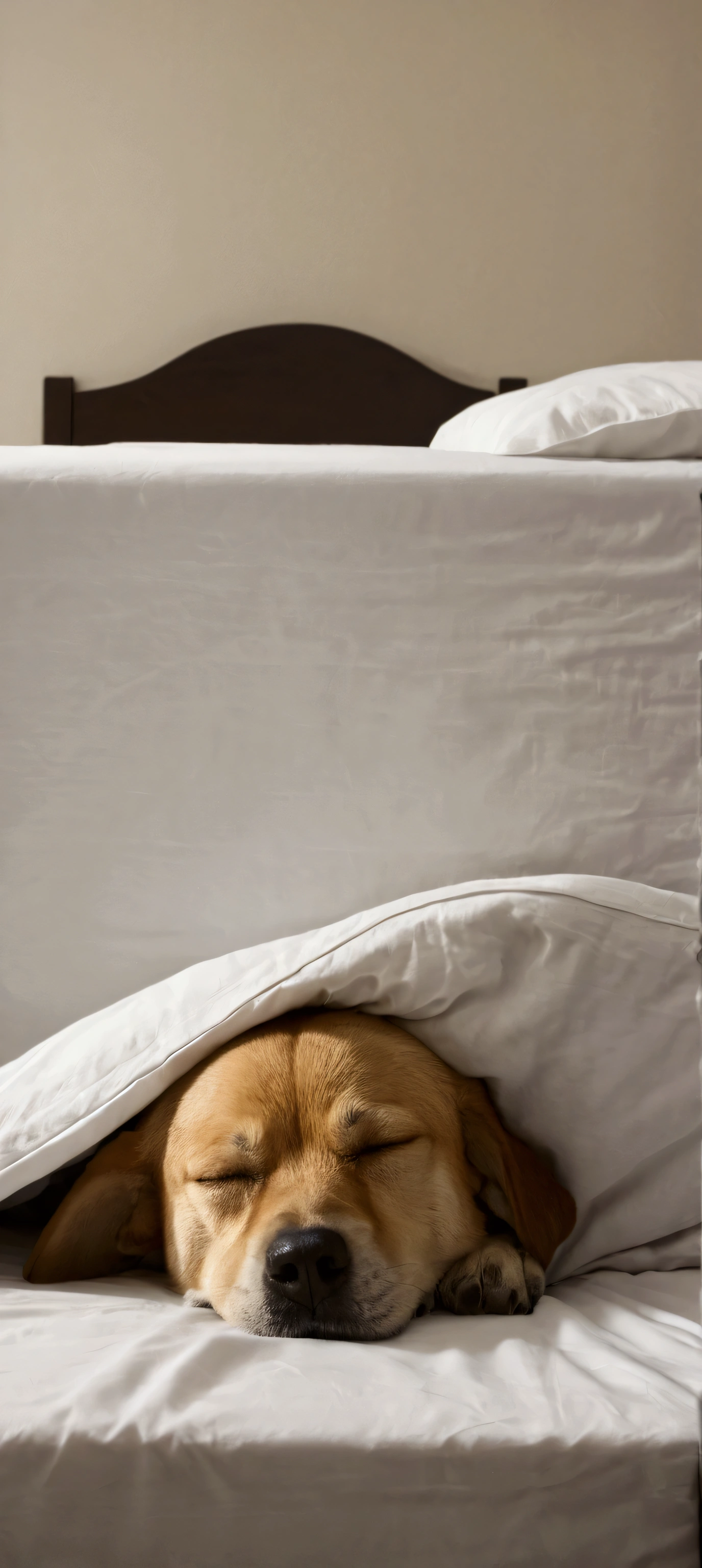 Dog Shota sleeping on the bed Then he hung his head down on the side of the bed.