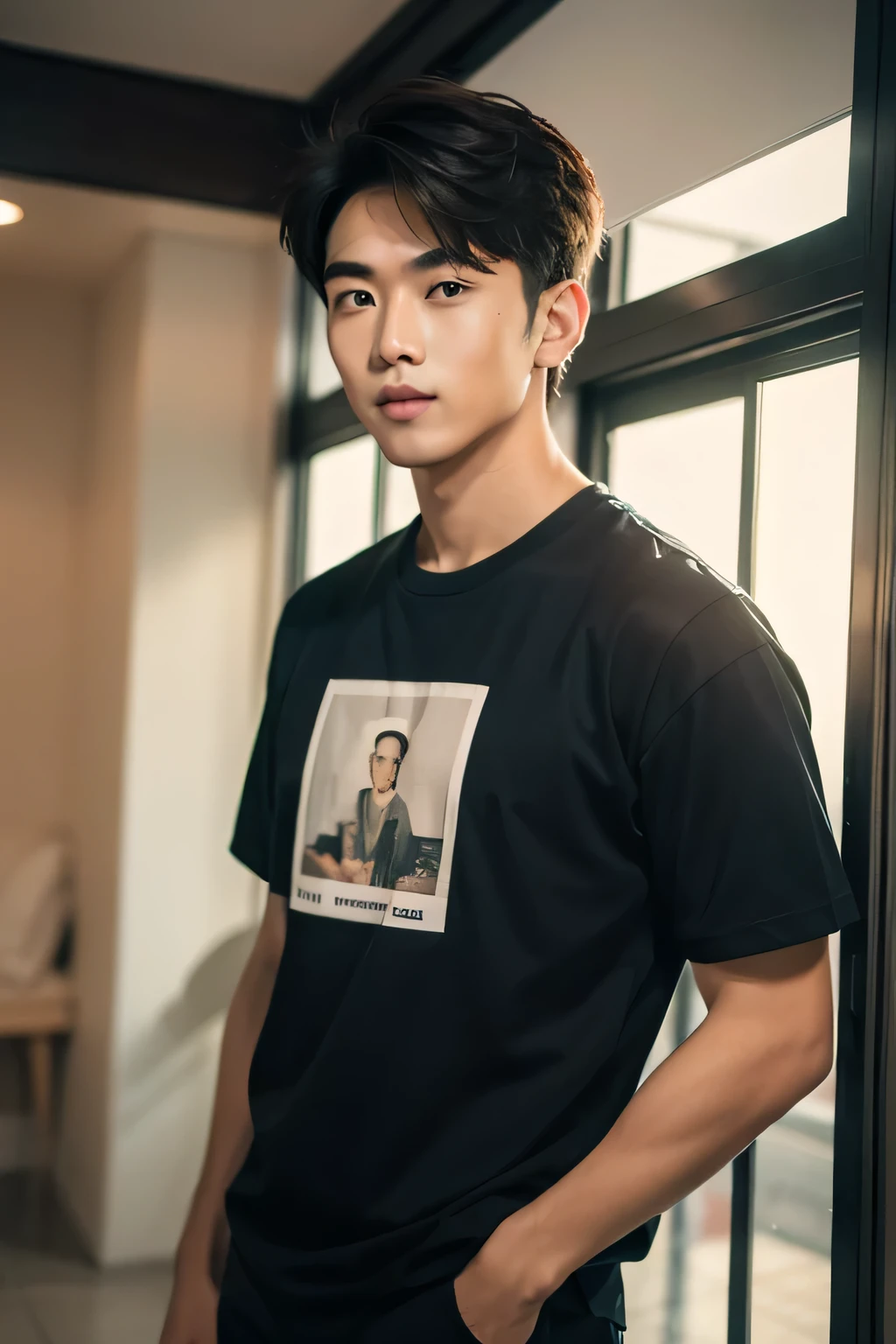 ((masterpiece)),((bestquality)),8k,high detailed,ultra-detailed,photography,award winning,documentary,Original Photo,Realisticity,(indoors background:1.35),1boy,solo male,slim Asian boy,male focus,solo,handsome face,real skin texture,well-proportioned hands,think eyebrow,medium full shot,(different face features:1.45),([Emergency lighting|Fresnel lighting|cinematic lighting|Specular highlight lighting]),portrait,[visible through hair|peace symbol|fruit on head|v arms|sleeping upright|Flexing],Seductive Smile,Hair Tie In Mouth,Collegiate T-shirt,Printed pants,Travel backpack,Clutch,Undercut Haircut,Stubble,