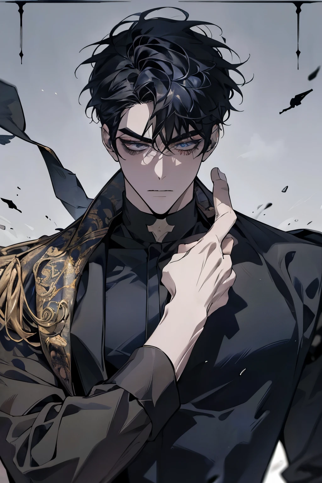 Manhwa Arte Europeo, 25-year-old male, Messy headboard hair, Jet black hair, piercing eyes, bushy eyebrows, Wear a vampire costume, dark blue  eyes, pointy ears, fangs coming out of its mouth, blood dripping from your mouth, threatening, sensuous, sensuous,  Sharp chin, penetrating gaze, Cold and mysterious character, 8k, detailed features, Very beauthful, illuminated by warm, natural light, which enhances his youthful features and subtle expression. The image conveys a sense of introspection and calm.