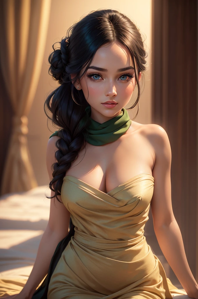A beautiful young woman with striking green eyes, long black hair tied in a bun, wearing a strapless midi dress, a red scarf around her neck, and flowing arm sleeves, (best quality,4k,8k,highres,masterpiece:1.2),ultra-detailed,(realistic,photorealistic,photo-realistic:1.37),portrait,beautiful detailed eyes,beautiful detailed lips,extremely detailed eyes and face,long eyelashes,elegant,graceful pose,soft lighting,vibrant colors,warm color palette,cinematic
