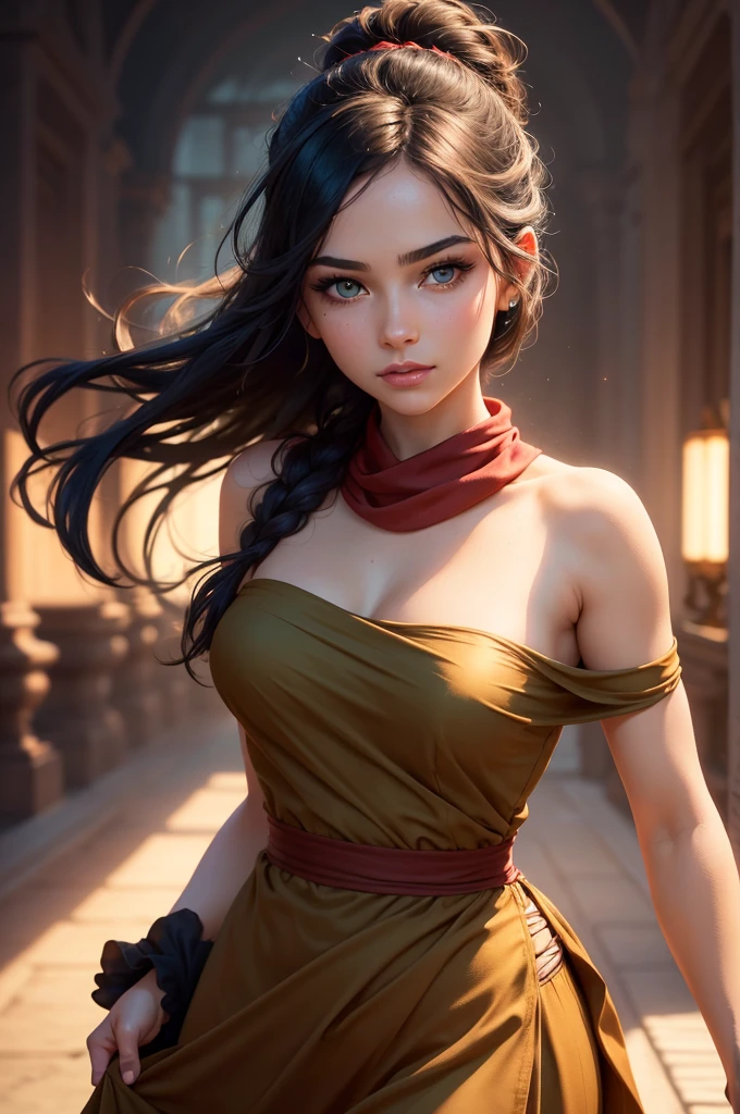 A beautiful woman with striking green eyes, long black hair tied in a bun, wearing a strapless midi dress, a red scarf around her neck, and flowy arm sleeves, (best quality,4k,8k,highres,masterpiece:1.2),ultra-detailed,(realistic,photorealistic,photo-realistic:1.37),portrait,cinematic lighting,soft focus,warm color palette,elegant,graceful