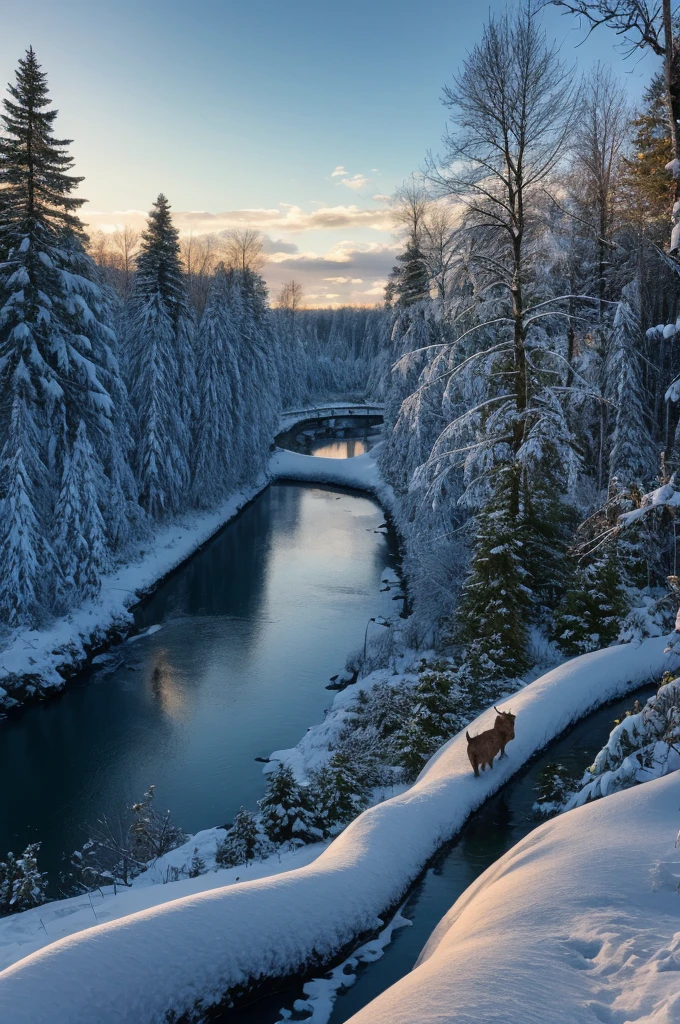 Nordic countries、Snow Scene、River flowing through the forest、Cottage on the shore、Two wild deer and their baby strolling、, Surrealism, Verism, f/4.0, Nikon, UHD, award winning, best quality, highres