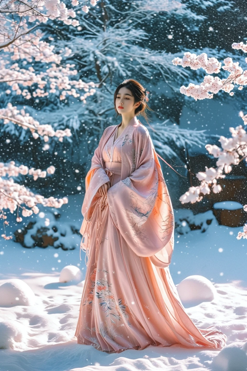 a woman in a pink kimono standing in the snow, a picture, inspired by Ma Yuanyu, tumblr, background image, wearing long gown, 720p, photoshoot, cutecore, covered with blanket