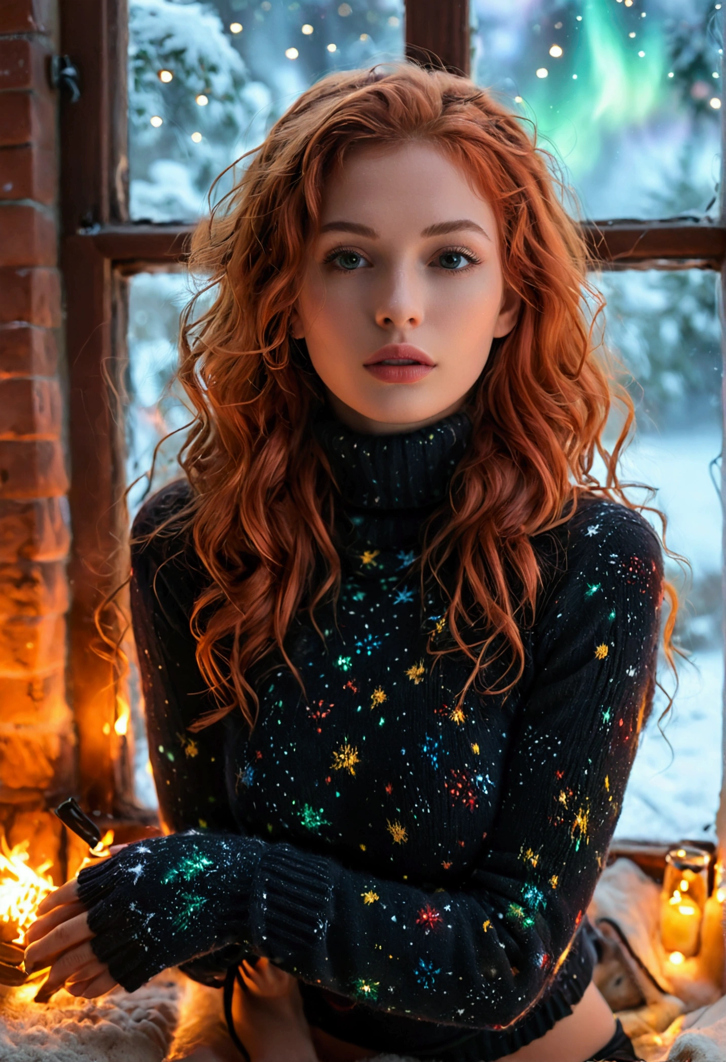 An ultra hot beautiful european woman, age 23, red wavy hair. she's a playmate, men magazine model, enjoying a cozy evening by the fire. She wears a turtleneck winter color wool sweater and tight shorts. Trough the window, winter starry night. Northern lights, Perfect anatomy, perfect hair, perfect breast, perfect body, perfect hands, perfect face, UHD, retina, masterpiece, accurate, anatomically correct, textured skin, cleavage