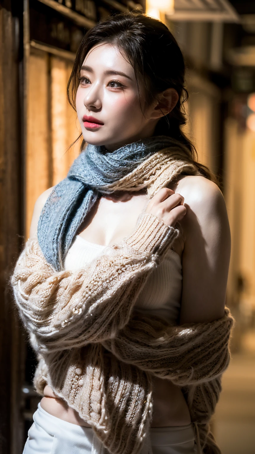 NSFW,(masterpiece:1.4), (high-quality, high-definition, high-resolution), Realistic style, full-body, (primary warm vivid color palette),a beautiful woman with cold, (cooling sheet on her forehead), wears warmBeautiful woman, woolen sweater and woolen scarf, dark alley,, cold symptoms, pained expression, (richly drawn and delicate)