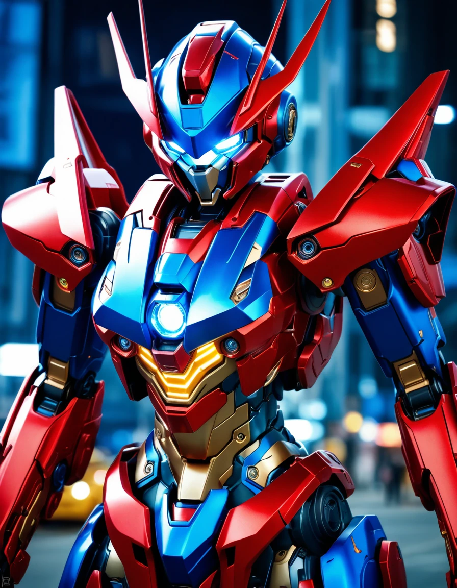 A stunning mecha-girl masterpiece! In an 8K Ultra HD frame, a majestic blue and red mech stands tall, its metallic limbs glistening under a radiant light. The mecha's multicolored armor shimmers with intricate details. A beautiful, high-resolution face peers out from beneath a sleek helmet, featuring detailed eyes that seem to sparkle. No human presence is seen; this is a solo mecha masterpiece, exuding perfection in every aspect. ImgFixerPre0.3