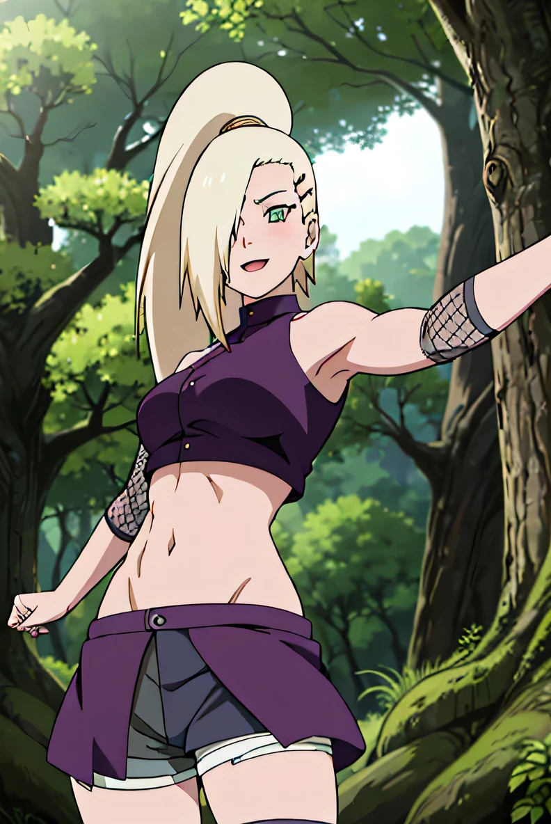 (Position yourself for the audience.), Ino Yamanaka, looking at the audience, charming, Groin, cowboy shoot, Extraordinarily detailed face,In the forest, sunny day, Daytime, upper body view, anime style, alone, House details, Blonde, ((One eye is covered with fur., Hair over the eyes)), Medium bust, Belly button, looking at the audience, (off shoulder, Broad shoulders, curved body), hidden eyes, smile, open mouth, very happy, high, Hair clips, Looks sharp, Sharp face, Sharp eyes, cool colors,Knees up,Beautiful legs,Leg kick,Fighting posture, jump,((The dress is torn.,Show off your shorts., blushing))