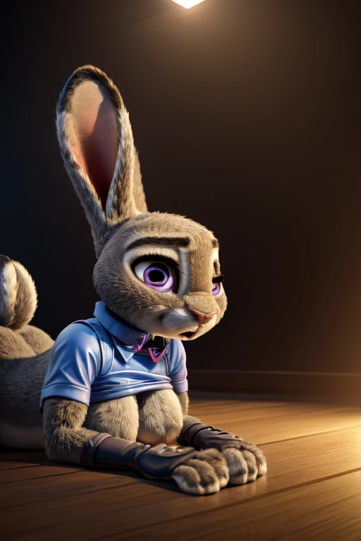 , perky breasts:1.4), (uploaded on e621,8k, raw photo,High resolution,high quality), ((masterpiece)), female, ((thin judy hopps)), (wear a cute shirt), crawling, They are over, pink collar, (cola) (cinematic lighting), backlighting, ashamed, humiliated, (shading), decolaed background, by dagasi, (by personals), beautiful purple eyes, thick leather gloves, leather cuffs, very big breasts, nude