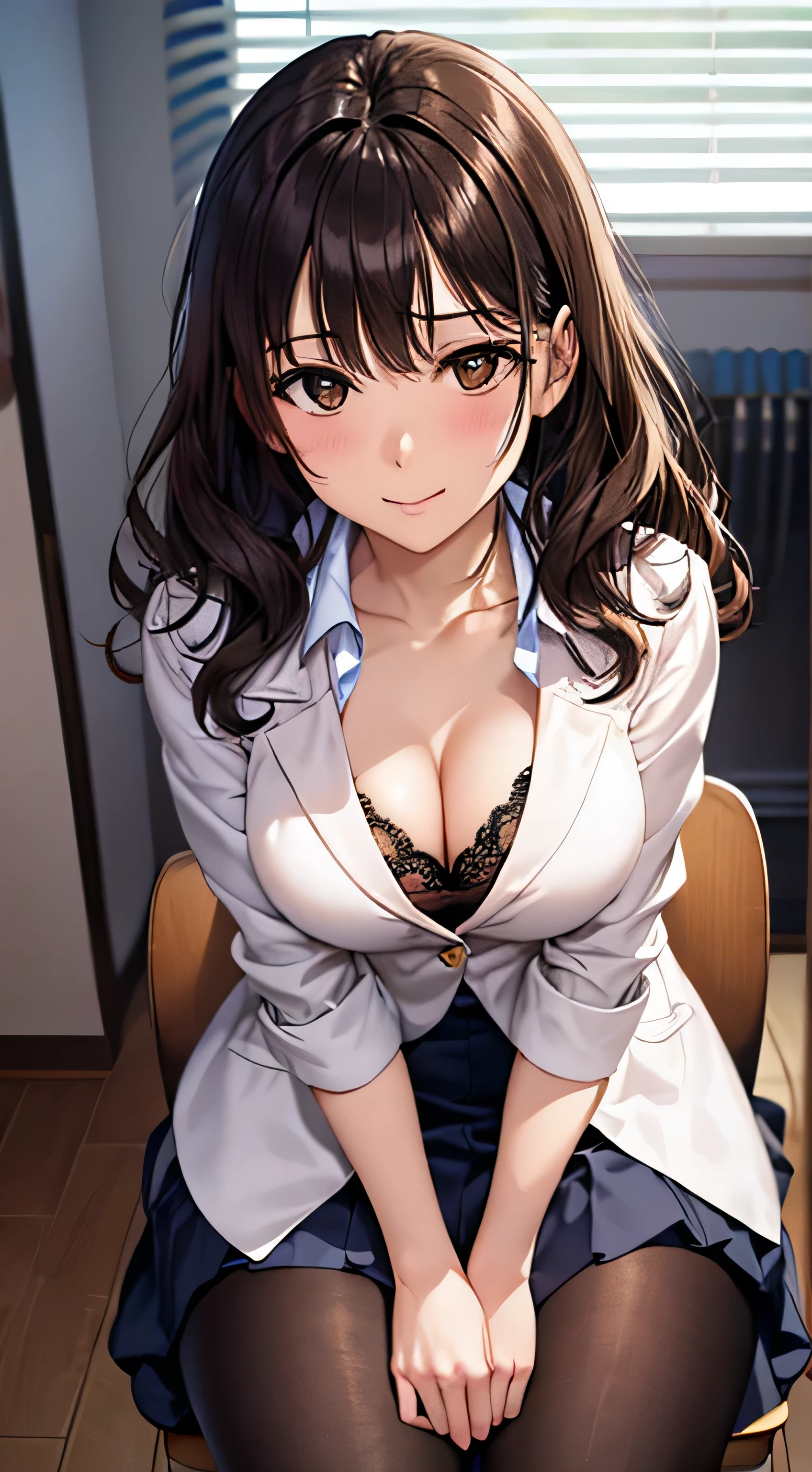 ((Tabletop, Highest quality, High resolution, , Pixel Perfect, 4K,))), 1 female teacher, single, alone, beauty、The whole body is visible、 ((Medium Wavy Hair, bangs, Brown Hair)), ((Brown eyes, Beautiful eyelashes, Realistic eyes)), ((Detailed face, blush:1.2)), ((Smooth texture:0.75, Realistic texture:0.65, Realistic:1.1, Anime CG style)), Center of chest, Dynamic Angle, Perfect body, (( , , Wearing a white coat、Female doctor、、, 、))、、Very embarrassing panic smile, 、black flared skirt、classroom、Sit on a chair、Please lift up your skirt and show me your pants.、、(Showing off her white and pink floral lace panties、)、Angle from below)、