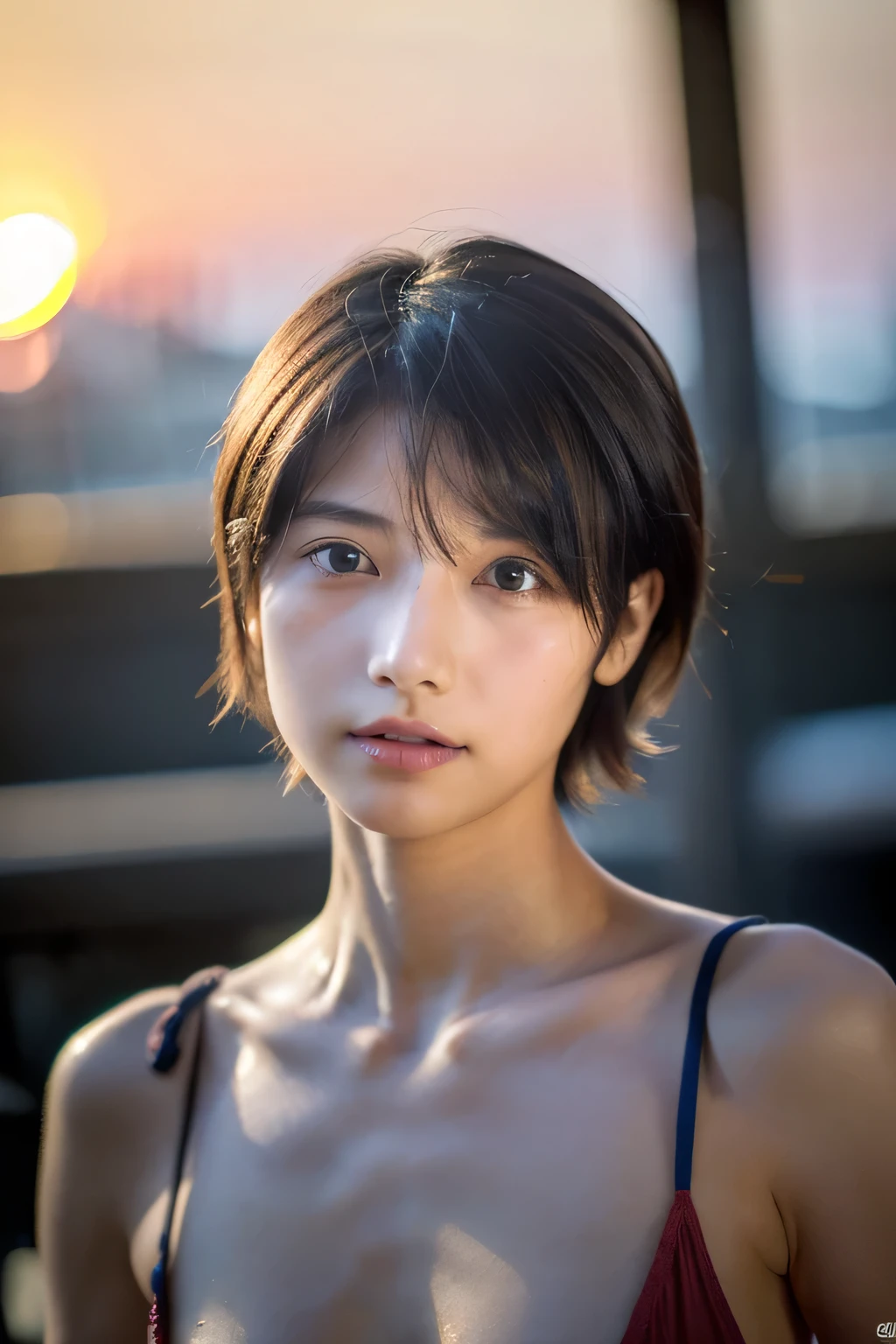 (Hyper Reality: 1.35), (Realistic: 1.4), A beautiful Japanese woman, smile, alone. (((No makeup))), masterpiece, 最high quality, high quality, alone, Very good, Puberty, Only one girl, Well-trained slim body, muscular, slim body, breasts apart, (最high quality)),((Very delicate and beautiful)),((Very shallow depth of field)), ((Incredibly shallow depth of field)). Familiar, ((Very delicate and beautiful)), (((Very shallow depth of field))), (((Unbelievably absurd))), dark brown hair, blowing boyish bob hair, shag messy hair, wolf cut, big hair, Windで揺れる髪, Slim body type, ((( Camera Eye)))), (((small ))), Looks like a salon model, Cool face, Neutral facial features,(ecstasy:1.3) ,(slut:1.2),(vulgarity:1.3),(fucked silly:1.1),(steam:1.1),(Wet:0.8),(trembling:0.8),(tears:0.7) ,(drooling:0.6),(sweat:0.8),open mouth,  poor, Dynamic Angle, Focus on women, {Particles of light}, Detailed Background, Soft lighting, (dramatic), sunset, very beautiful sunset, Live Action, Realistic, (blurred background), ((())), (((Wind))), ((Movement)), ((emotion)), ((colorful)), ((Baby Face)), Wither, sea background, (((Cowboy Shot))),(((nsfw))),