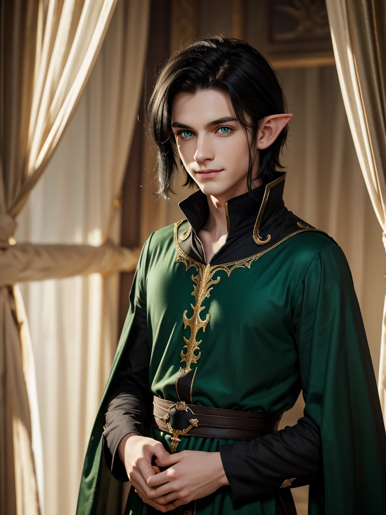 (best quality), 1boy, male, pale skin, black hair, medium hair, curtain hair, tousled hair, green eyes, perfect eyes, dark circles under eyes, light smile, (elf), pointed ears, fantasy clothes, masterpiece, anatomically correct, highres