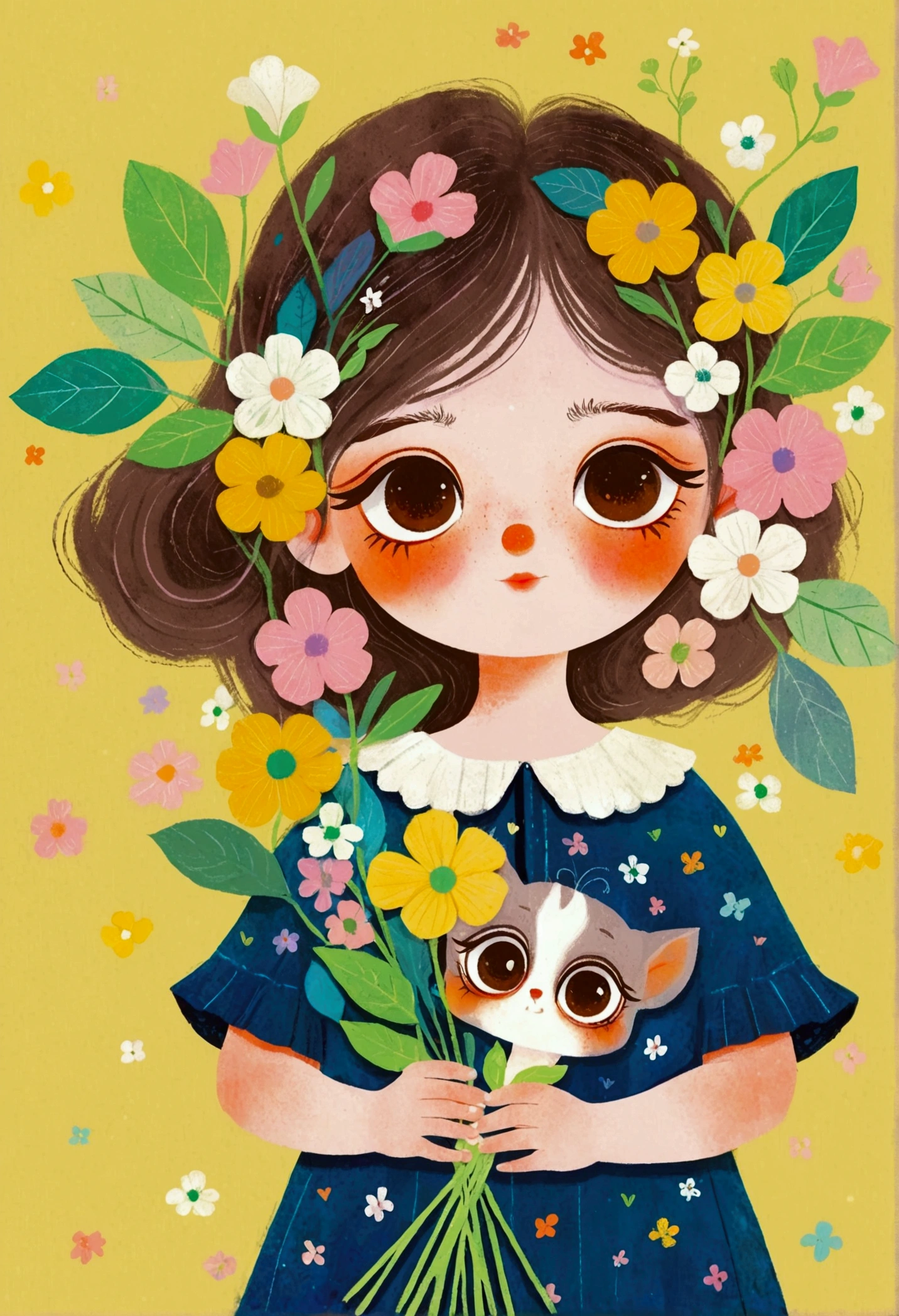 Illustration of a holding flowers, big eyes,The art of math ,Hot trends, The art of math, 采用数码Illustration style, The art of math. The art of math illustration,Cute illustrations, The breath of spring, Illustration Art, Illustration style, Drawn in a whimsical style