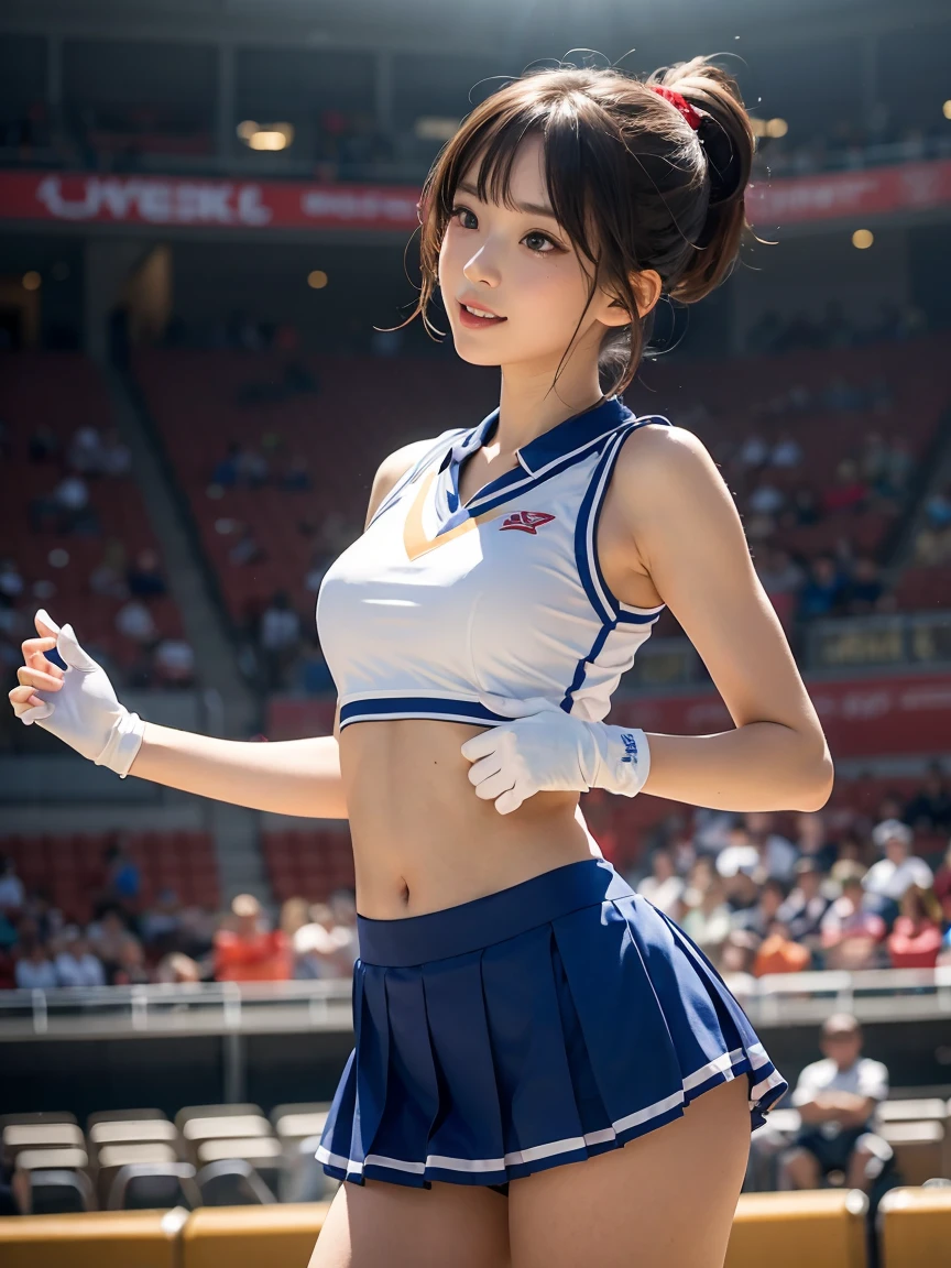 One girl, Small body, Dancing, Small breasts, Slim legs, Cheerleader uniforms, skirt, White Cheer Gloves, stomach, Tilt your head, Arm open, from the front, ((masterpiece)), ((Highly detailed face)), Highest quality, Surreal, High resolution, Intricate details,(Beautiful and delicate eyes and lips), (The best shadows. Very delicate and beautiful.), Beautiful white skin, smile, Open your mouth, Ponytail Brown Hair, bangs, Floating Hair, Good ray, Cowboy Shot, court, Audience seats, Light of the sun