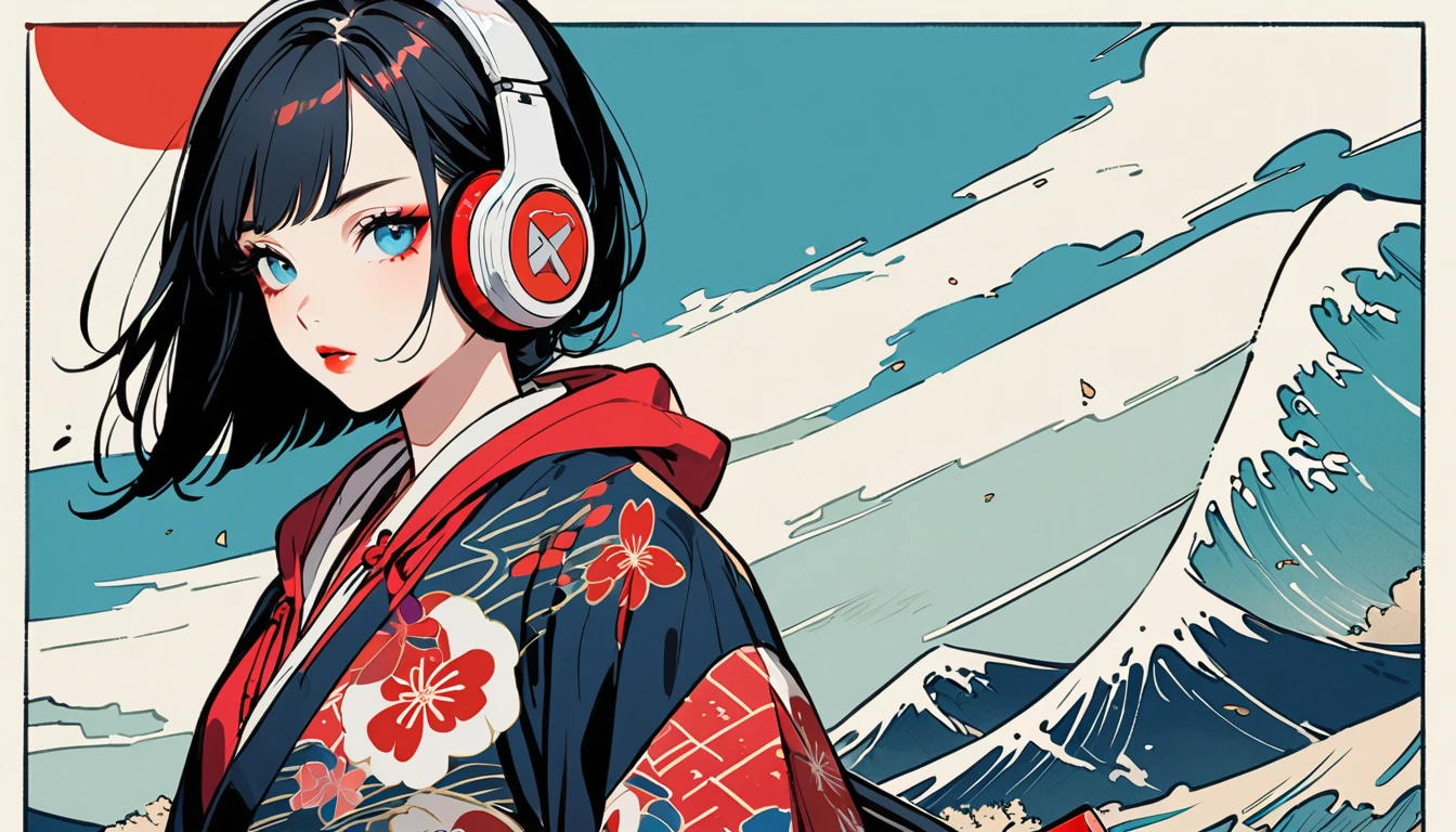 (((1 girl))), (((Flashy makeup))), (((Japanese style headphones))), (((Japanese pattern hoodie))), (((Female samurai))), Japanese beautiful girl, Black Hair, Delicate and precise, Modern ukiyo-e style,Japanese sword, Japanese flag, red and blue neon