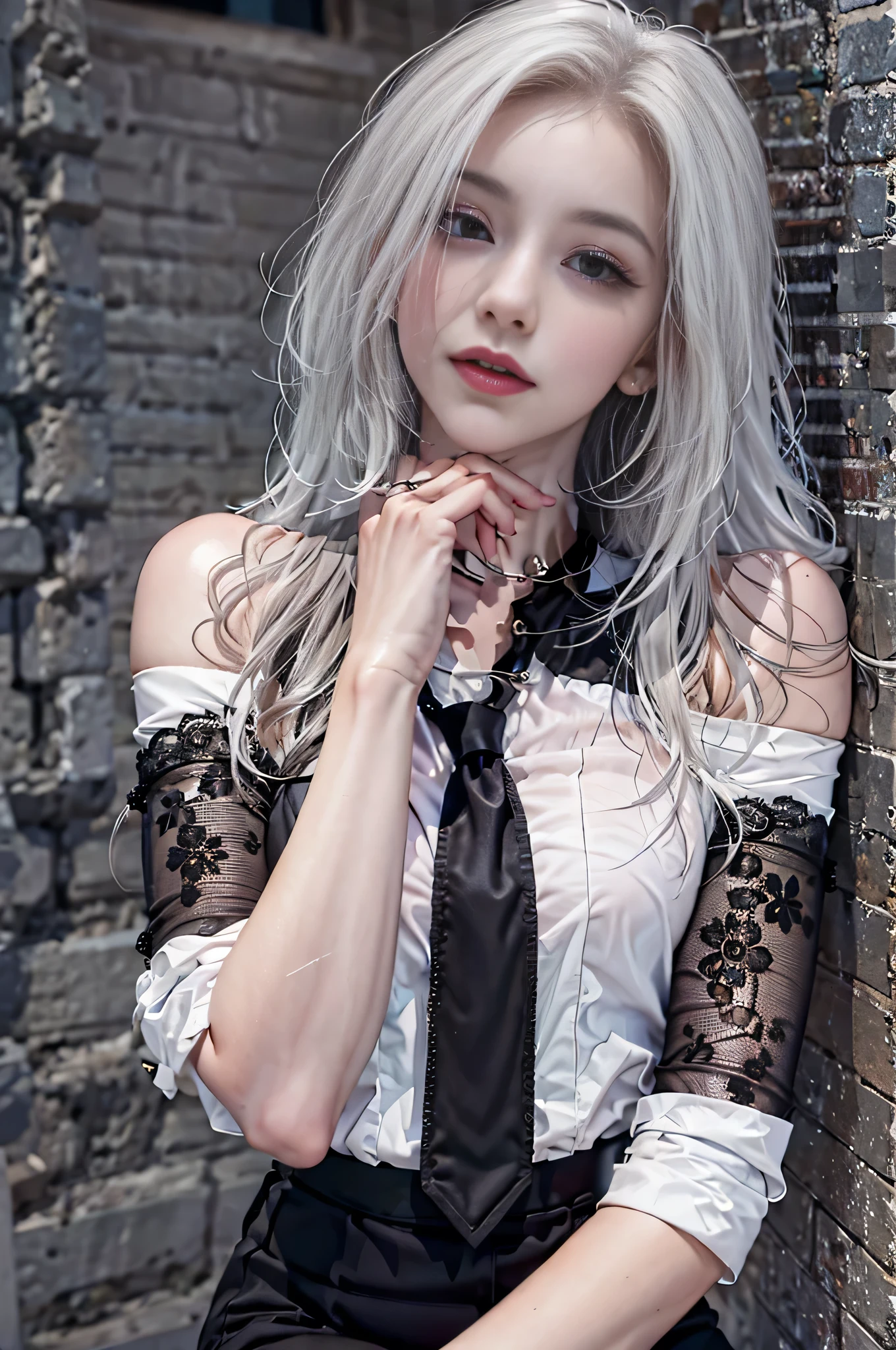 Girl portrait photography, Realistic, High resolution, 1 female, alone, Upper Body, Beautiful Eyes, Close your lips, Detailed face, Gray Hair, Long Hair,Off-the-shoulder white shirt, Black tie,Black Skirt, Pencil Skirt, stockings,(Black lace panties are visible)