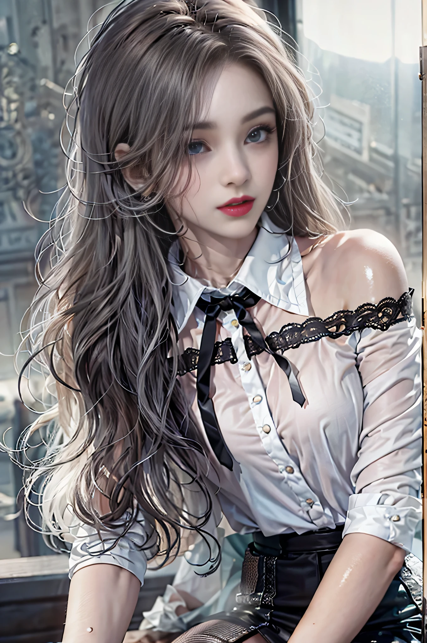 Girl portrait photography, Realistic, High resolution, 1 female, alone, Upper Body, Beautiful Eyes, Close your lips, Detailed face, Gray Hair, Long Hair,Off-the-shoulder white shirt, Black tie,Black Skirt, Pencil Skirt, stockings,(Black lace panties are visible)