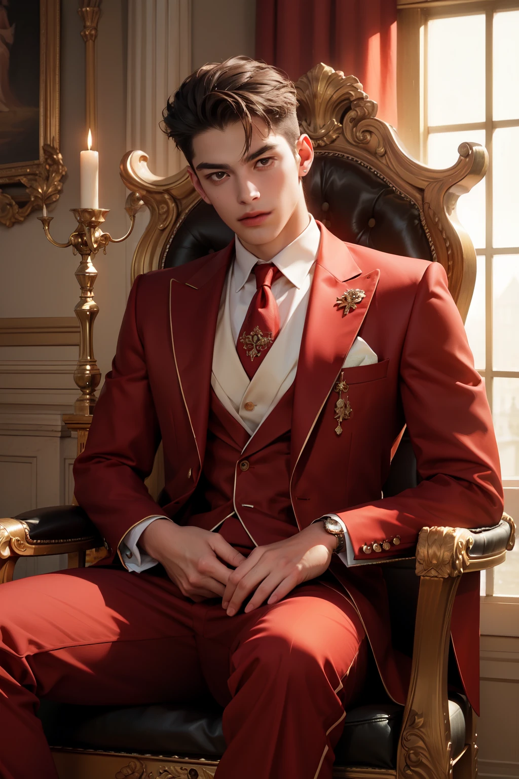 Young Man at his finest red suit, with beautiful design, sitting at a throne, and has a serious glare, fixed light composition, with beautiful details