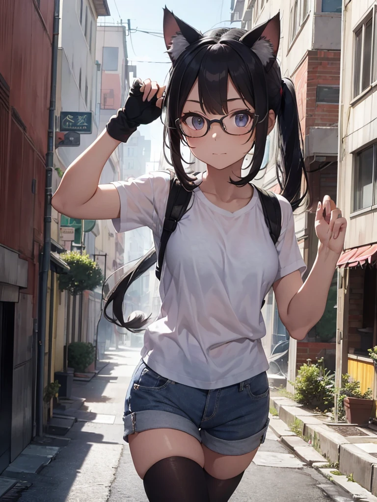 masterpiece, absurdres, best quality, extremely detailed eyes and face, natural skin texture, detailed skin, (perfect fingers, perfect hands), post-apocalypse, ruins city, collapsed buildings, dirty building, a lot of rubble, summer, sunshine,
BREAK
cute girl, glasses, paw gloves, cat ears, cat tail, running, military vest, white t-shirt, short pants