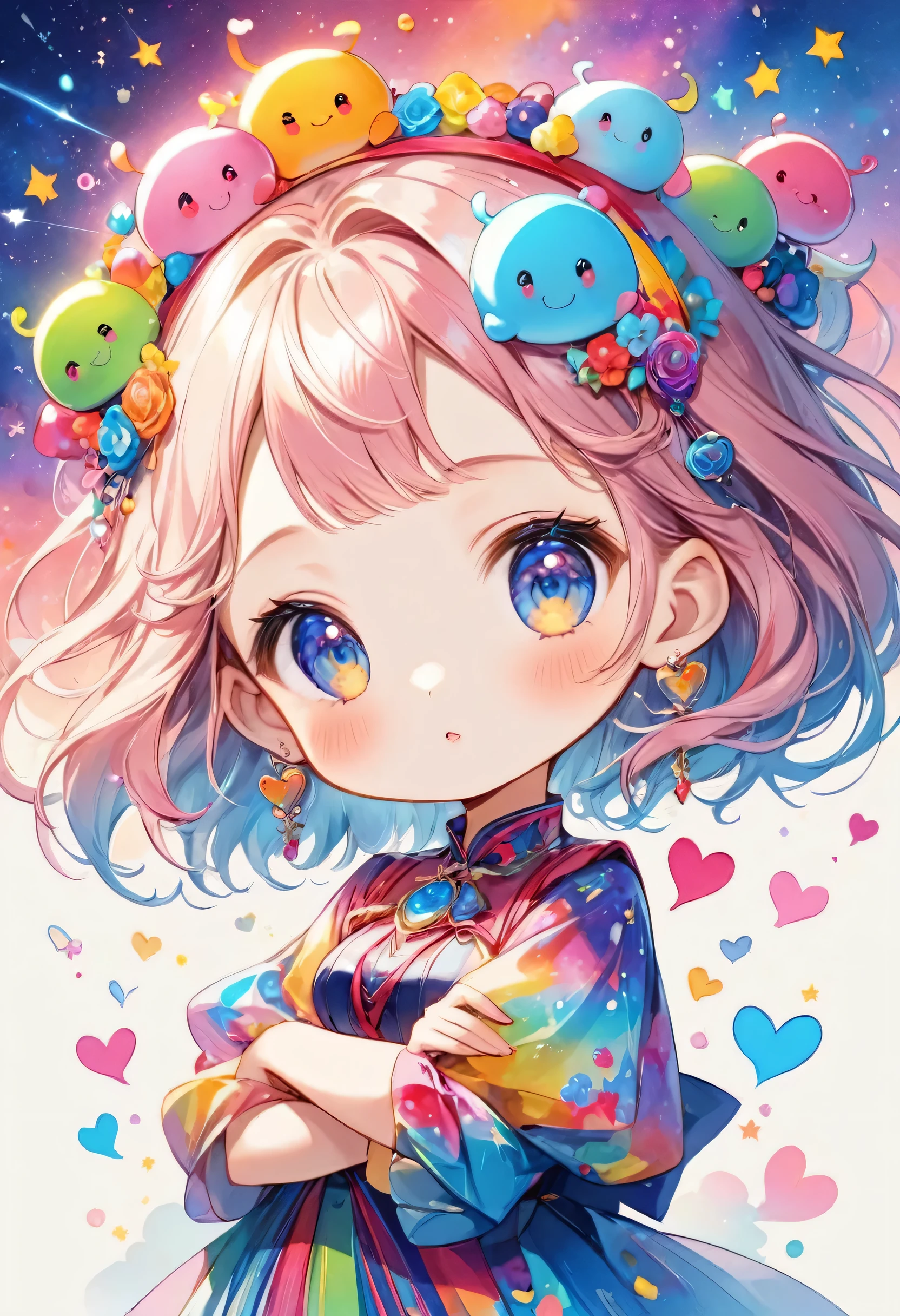 Mika Pikazo colorfull style, Simple Line Initialism,Abstract art,(((The most beautiful girl of all time))), (((chibi))), Sweet face. colorful hearts, funny design, (((bosom buddy ))), (((Cute Aliens))), The background is space