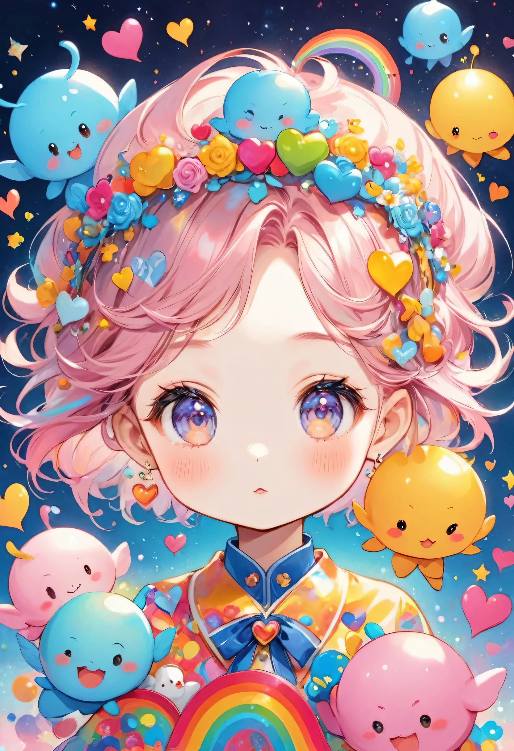 Mika Pikazo colorfull style, Simple Line Initialism，Abstract art，(((The most beautiful girl of all time))), (((chibi))), Sweet face. colorful hearts, funny design, (((bosom buddy ))), (((Cute Aliens))), The background is space