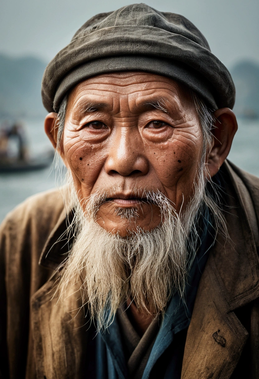 China-style，Old fishermen，Portrait works，Photographic works，Ultimate detail，Reasonable composition，tmasterpiece，high-class，figure portrait，8K，Movie light source，high qulity，