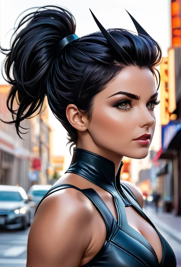 woman, An open face, безупречно красивая woman, Wolverine Woman Marvel, flawless appearance, Flawless anatomy, Flawless anatomy рук, black hair, Wolverine Marvel hairstyle, Haircut - Rasverine Hairstyle, (((Hairstyle Undercut))),woman's appearance, Wolverine's Marvel Clothing Style, masterpiece, Marvel Woman Raverine, background of city locations, masterpiece , Sakimichan art style, art of drawing Sakimichan, --style scenic,