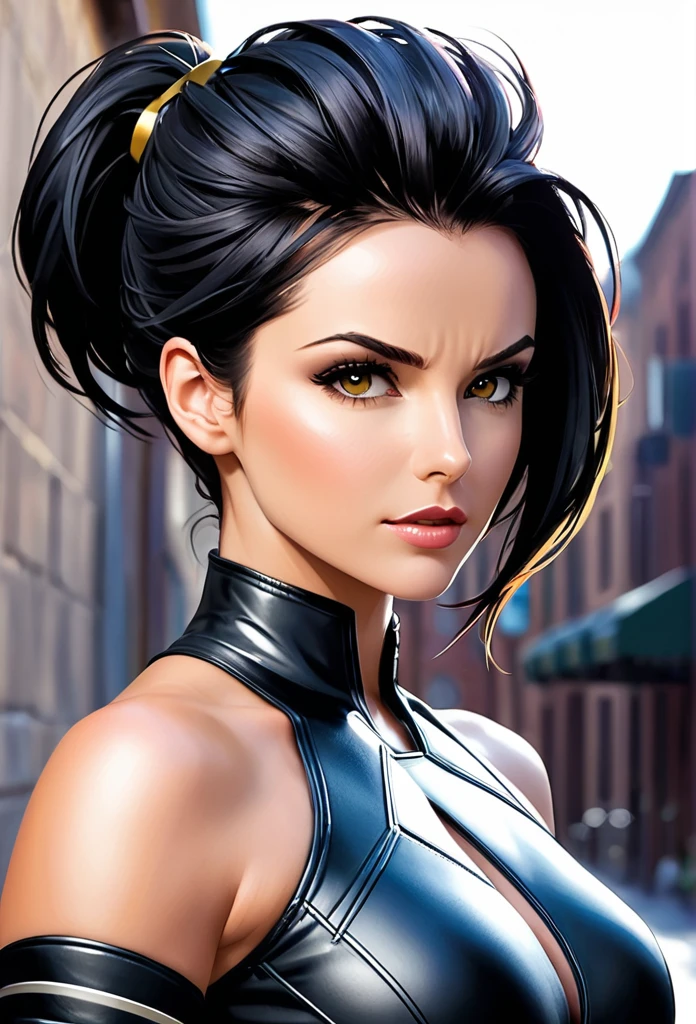 woman, An open face, безупречно красивая woman, Wolverine Woman Marvel, flawless appearance, Flawless anatomy, Flawless anatomy рук, black hair, Wolverine Marvel hairstyle, Haircut - Rasverine Hairstyle, (((Hairstyle Undercut))),woman's appearance, Wolverine's Marvel Clothing Style, masterpiece, Marvel Woman Raverine, background of city locations, masterpiece , Sakimichan art style, art of drawing Sakimichan, --style scenic,
