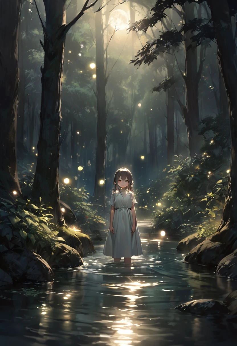 (Masterpiece, best quality, Sharp focus, depth of field, best shadow, perfect fire, HDR, Realistic skin texture, The background is too detailed.), 1 woman, big breasts, platinum colored hair, Wear a long, thin white dress., Wear a white blindfold, Hands praying in terror, A charming little smile, Close your eyes., Wear a Newsboy Cap, Turn left.,The background is a realistic forest., There are bushes., There are streams., There are fireflies, at night, Light from the moon shines on the surface of the water..