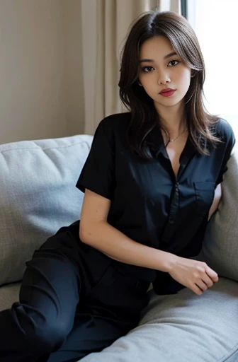 1girll,Sit on a comfortable sofa,Cross ed leg,Soft light,Black silk big breasts, 1 boy, under shirt and pant kiss feet of girl