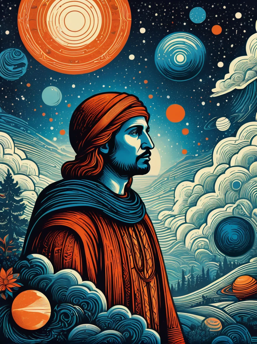 Create a woodcut style image digital art surreal art that depicts a mystical figure with divine characteristics, the figure is one chosen by the gods of spirituality,the figure is shrouded in clouds looking at the planets and ancestral signs,figure has a crowd of people around him who look at him with surprise and admiration,quantum art spread across the image,Use a vibrant color palette, including blue, oranges and whites, to create heavenly contrast and a stunning visual effect