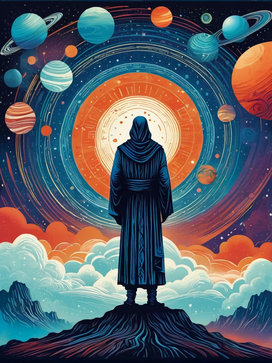 Create a woodcut style image digital art surreal art that depicts a mystical figure with divine characteristics, the figure is one chosen by the gods of spirituality,the figure is shrouded in clouds looking at the planets and ancestral signs,figure has a crowd of people around him who look at him with surprise and admiration,quantum art spread across the image,Use a vibrant color palette, including blue, oranges and whites, to create heavenly contrast and a stunning visual effect