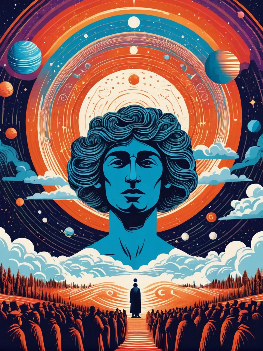 Create a woodcut style image digital art surreal art that depicts a mystical figure with divine characteristics, the figure is one chosen by the gods of spirituality,the figure is shrouded in clouds looking at the planets and ancestral signs,figure has a crowd of people around him who look at him with surprise and admiration,quantum art spread across the image,Use a vibrant color palette, including blue, oranges and whites, to create heavenly contrast and a stunning visual effect