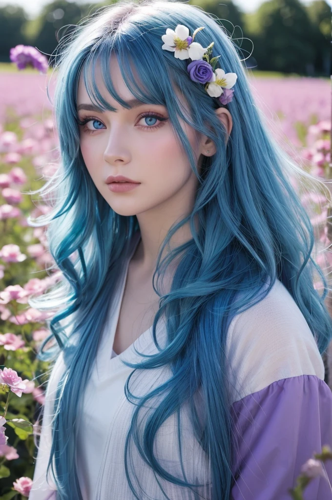 Blue hair, Caucasian beauty, purple eyes, long hair, curly hair, flower field