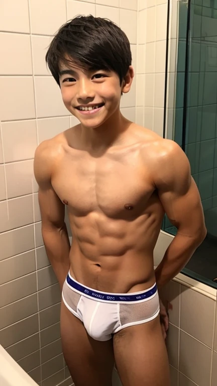 Japanese men、、Muscles and smooth skin、Very short black hair、A relaxed and friendly smile、Orange thin boxer briefs、The whole body is well visible、Posing in the bathroom、