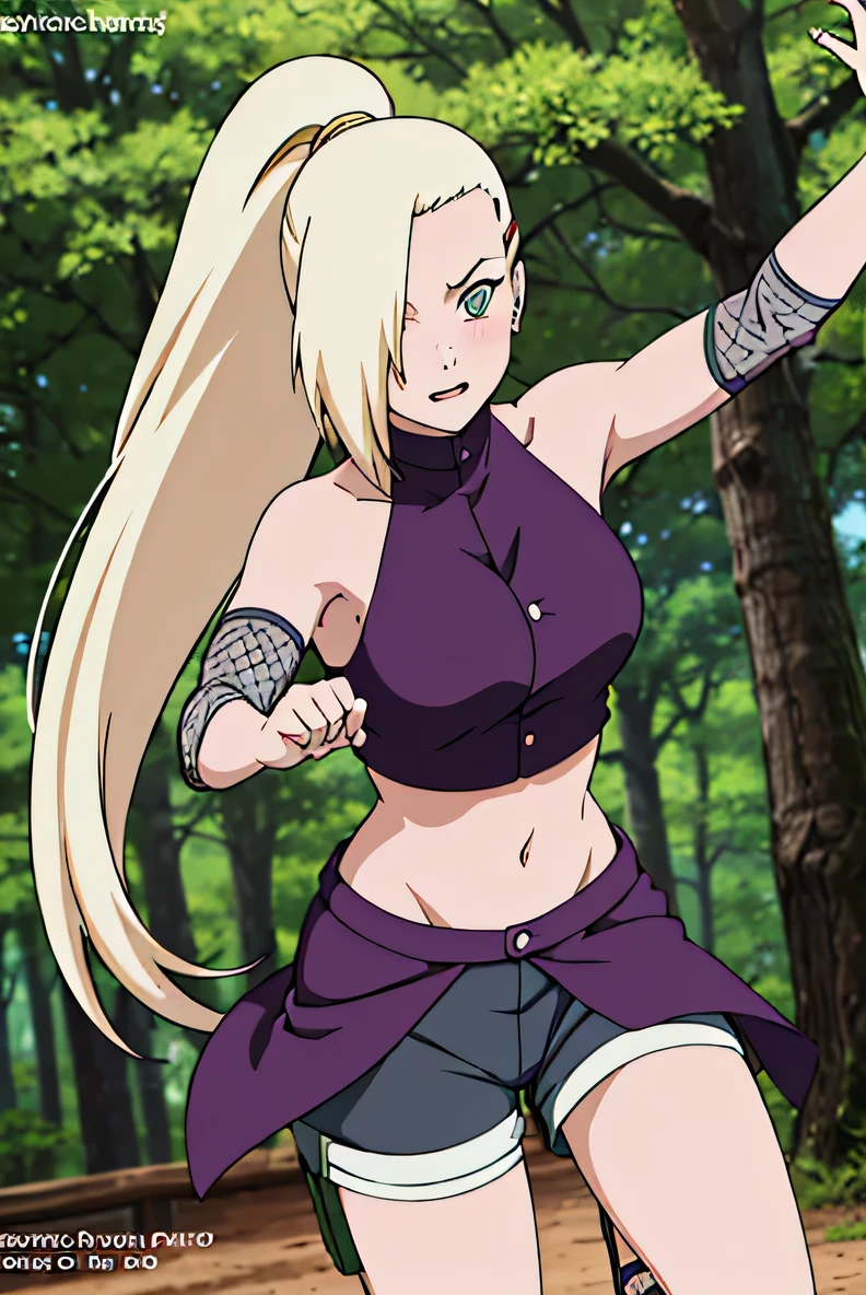 (Position yourself for the audience.), Ino Yamanaka, looking at the audience, charming, Groin, cowboy shoot, Extraordinarily detailed face,In the forest, sunny day, Daytime, upper body view, anime style, alone, House details, Blonde, ((One eye is covered with fur., Hair over the eyes)), Medium bust, Belly button, looking at the audience, (off shoulder, Broad shoulders, curved body), hidden eyes, smile, open mouth, very happy, high, Hair clips, Looks sharp, Sharp face, Sharp eyes, cool colors,Knees up,Beautiful legs,Leg kick,Fighting posture, jump,((The dress is torn.,Show off your shorts., blushing))
