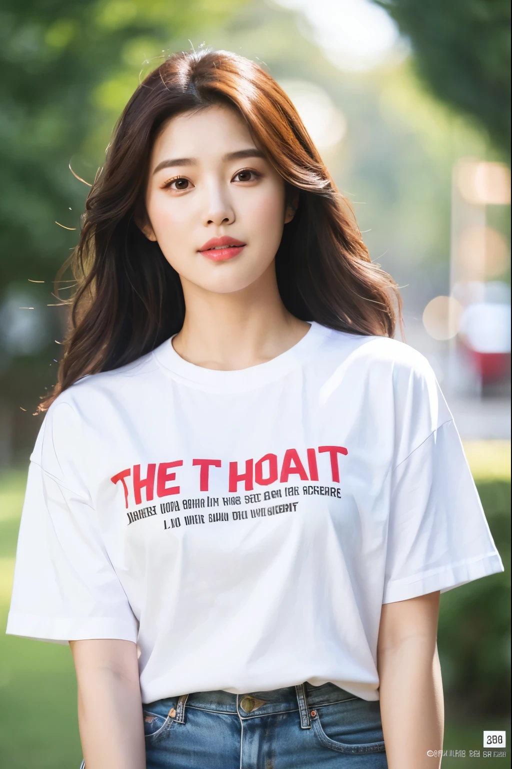 a close up of a woman wearing a white shirt with the words the get on it, portrait of female korean idol, heonhwa choe, female actress from korea, official, dressed in a white t shirt, lee ji-eun, lee ji - eun, korean idol, official product photo, park ji-min, official product image, cute korean actress